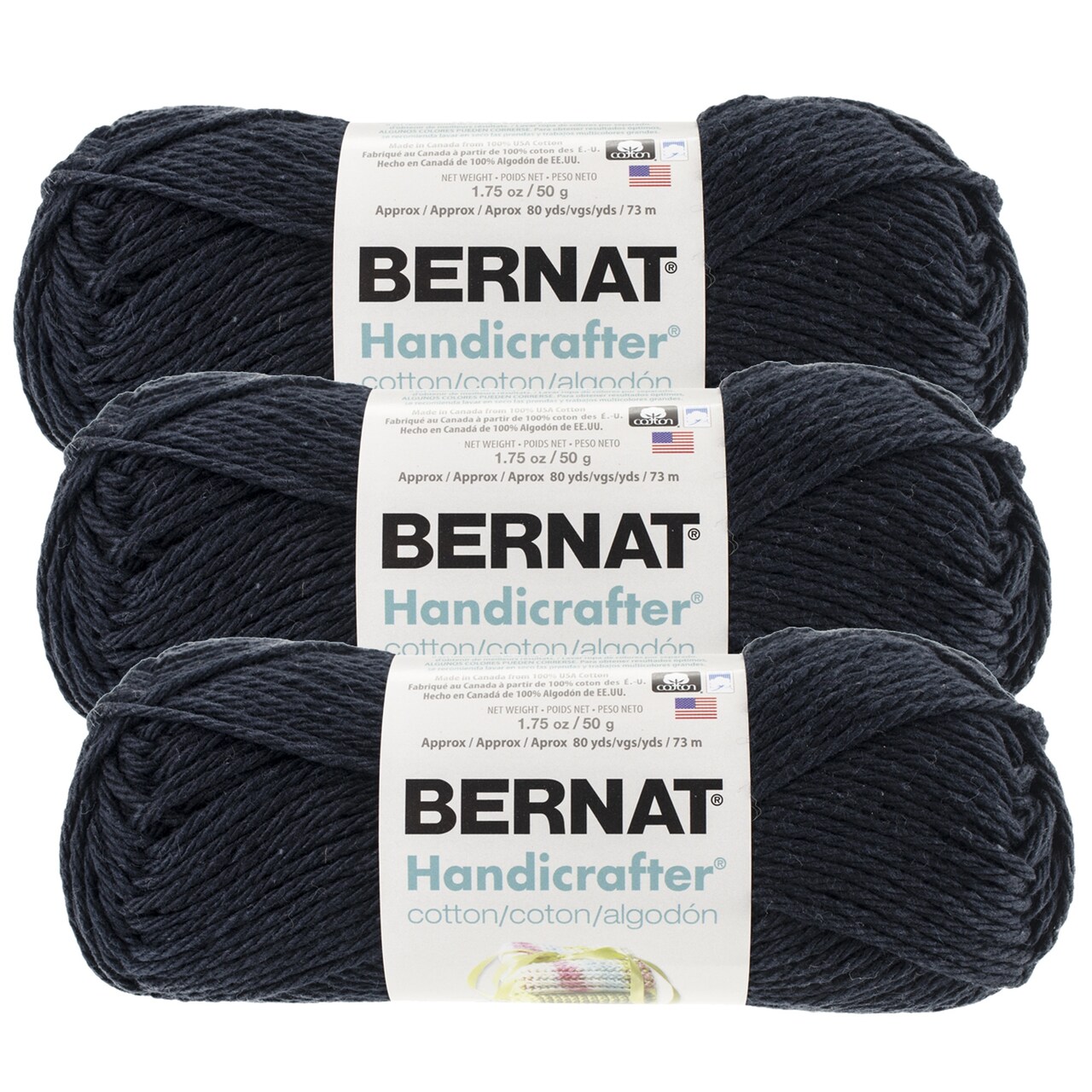 (Pack of 3) Bernat Handicrafter Cotton Yarn - Solids-Black Licorice